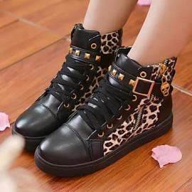 Women's Shoes Patent Leather Leopard Flat Heel Round Toe Rivet Fashion Sneakers Casual Black/White